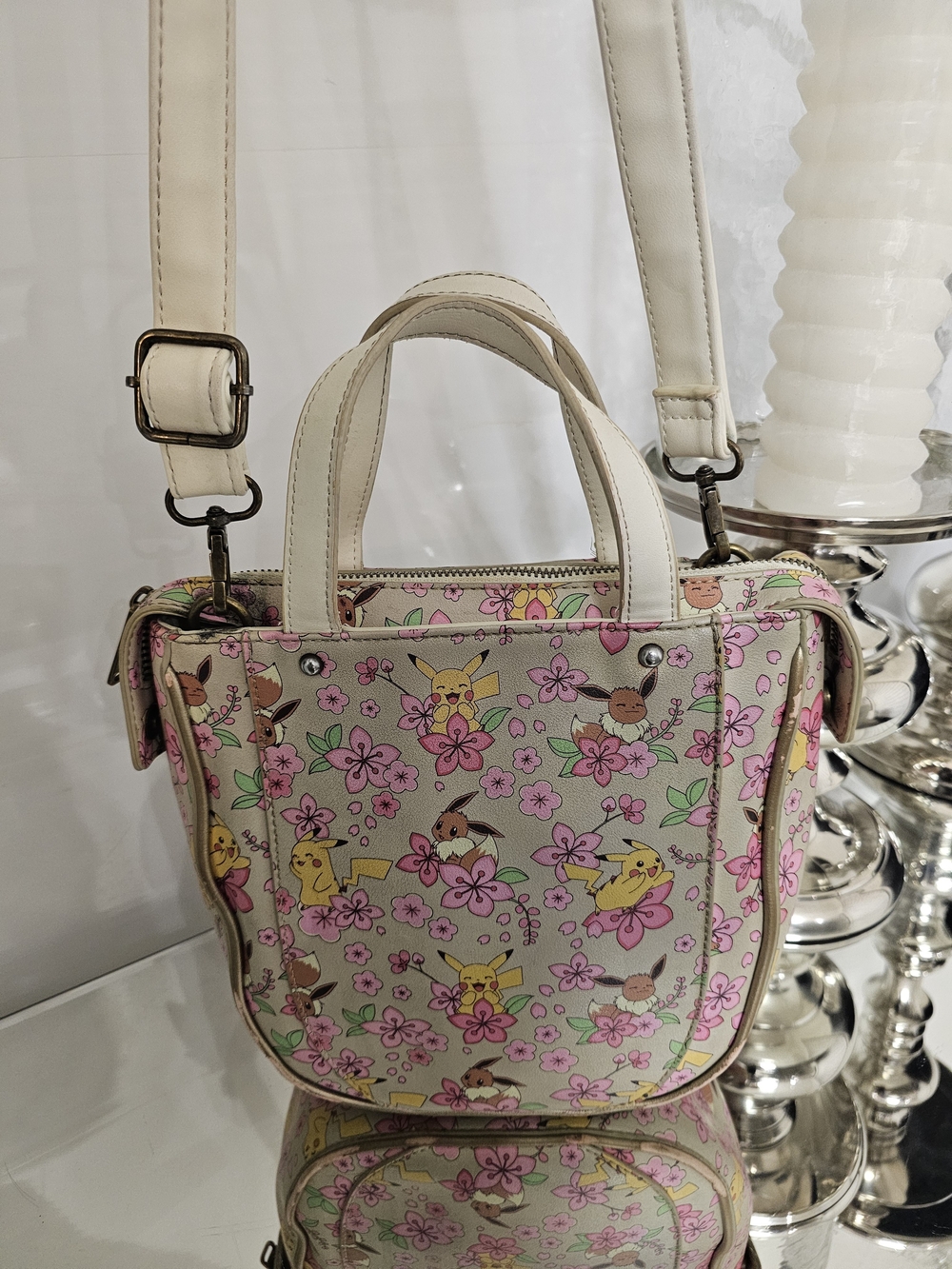 Loungefly Cream Mini Crossbody with Pink Floral Pikachu & Eevee Print - Picture 3 of 7